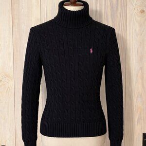 Ralph Lauren Sport Cable Knit Turtleneck Sweater Black Pink Pony Size M Preppy